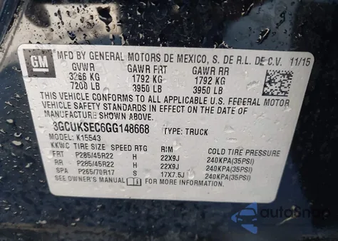 2016 Chevrolet Silverado 1500 1Lz from USA, damaged, VIN 3GCUKSEC6GG148668